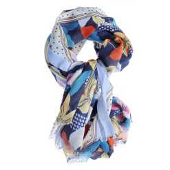 Esarfa bleu cu flori multicolore si buline-FEMEI/GENTI SI ACCESORII/Fulare si esarfe-GENTI SI ACCESORII/Fulare si esarfe