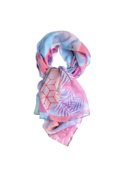 Esarfa fucsia din vascoza cu frunze multicolore-FEMEI/GENTI SI ACCESORII/Fulare si esarfe-GENTI SI ACCESORII/Fulare si esarfe