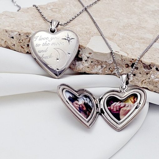 Medalion inima cu poze in interior - I love you to the moon and back - Argint 925 Rodiat-Toate >> Argint 925 >> Lantisoare Argint