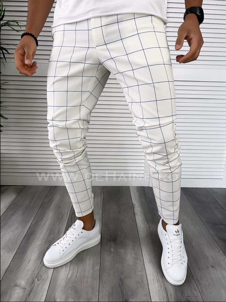 Pantaloni barbati casual albi in carouri B8005 P20-2.3-Pantaloni > Pantaloni casual