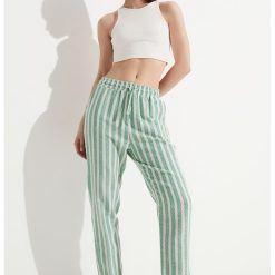 Pantaloni din bumbac cu model in dungi si snur de ajustare in talie-FEMEI/IMBRACAMINTE/Pantaloni si colanti-IMBRACAMINTE/Pantaloni si colanti