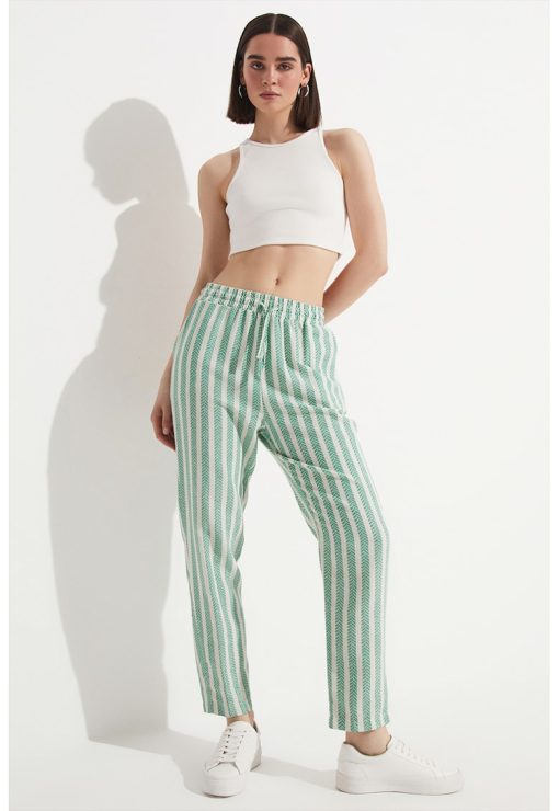 Pantaloni din bumbac cu model in dungi si snur de ajustare in talie-FEMEI/IMBRACAMINTE/Pantaloni si colanti-IMBRACAMINTE/Pantaloni si colanti