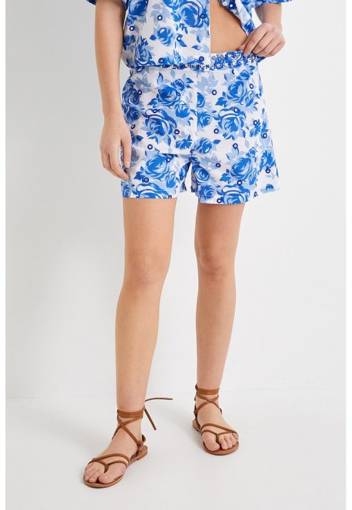 Pantaloni scurti cu talie inalta si model floral-FEMEI/IMBRACAMINTE/Pantaloni si colanti-IMBRACAMINTE/Pantaloni si colanti