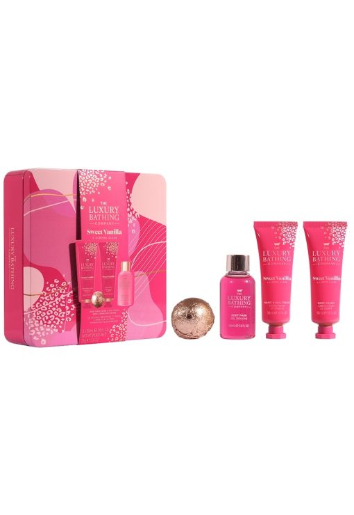 Set Cadou Relax & Unwind - Sweet Vanilla & Almond Glaze - Crema Maini si Unghii - Crema Corp - Gel de Dus - Bila de Baie - Cutie Metalica cu Print si Capac -  4 articole-FEMEI/INGRIJIRE COSMETICA/Ingrijire corp-INGRIJIRE COSMETICA/Ingrijire corp