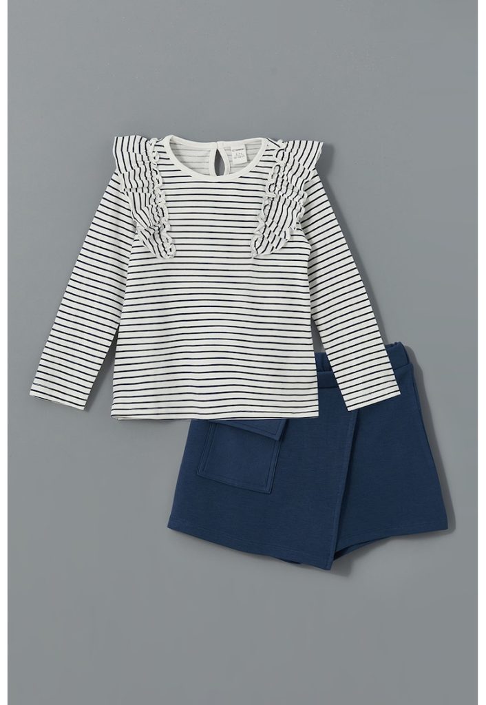 Set de bluza cu dungi si volane si fusta-pantalon uni - 2 piese-FETE/IMBRACAMINTE/Seturi de imbracaminte-IMBRACAMINTE/Seturi de imbracaminte