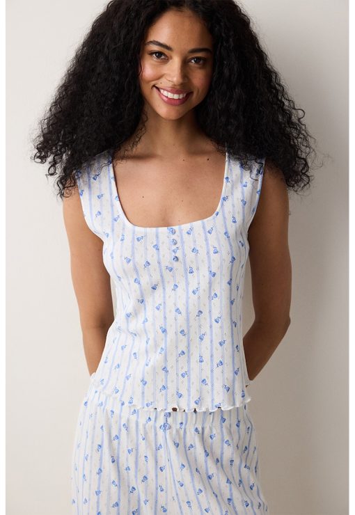 Top de pijama din bumbac cu model floral si aplicatii cu trandafiri-FEMEI/IMBRACAMINTE/Pijamale si halate de baie-IMBRACAMINTE/Pijamale si halate de baie