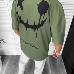 Tricou barbati kaki  cu imprimeu pe spate  oversize 11815  D3-3.3-Tricouri