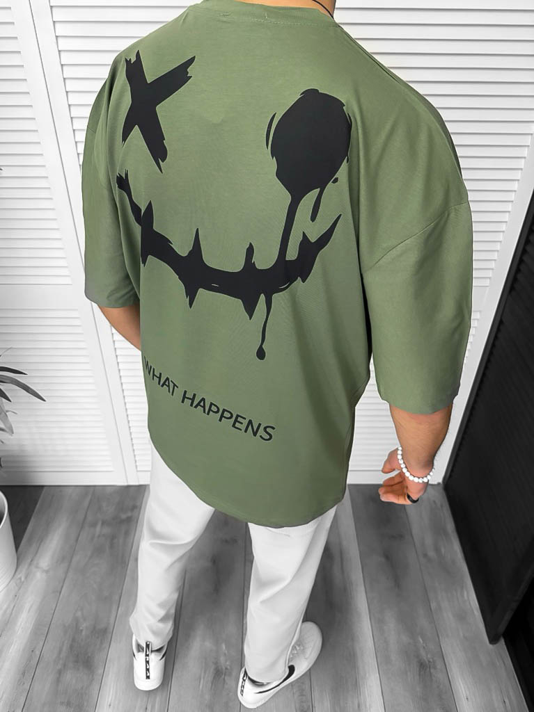 Tricou barbati kaki  cu imprimeu pe spate  oversize 11815  D3-3.3-Tricouri