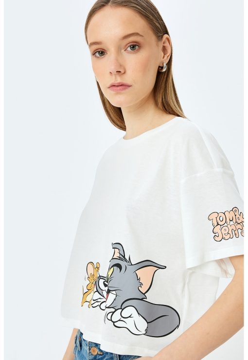 Tricou crop cu imprimeu cu Tom&Jerry-FEMEI/IMBRACAMINTE/Tricouri si maiouri-IMBRACAMINTE/Tricouri si maiouri