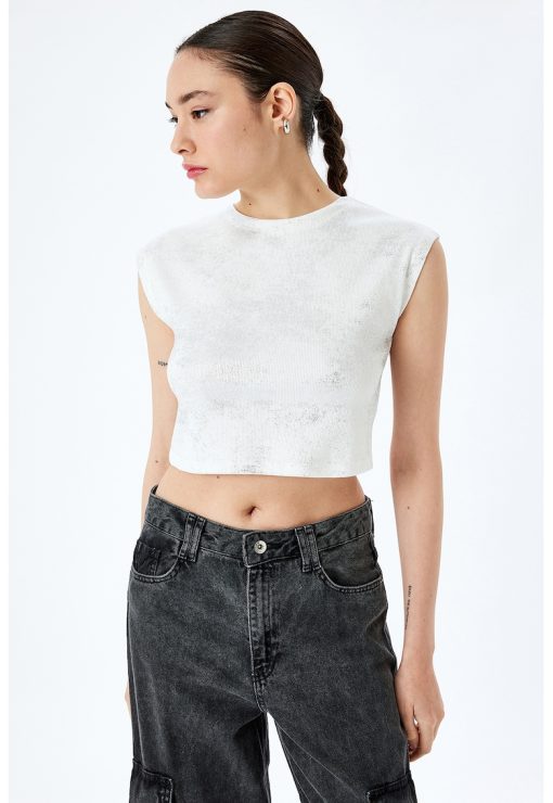 Tricou crop cu model cu aspect metalic-FEMEI/IMBRACAMINTE/Tricouri si maiouri-IMBRACAMINTE/Tricouri si maiouri