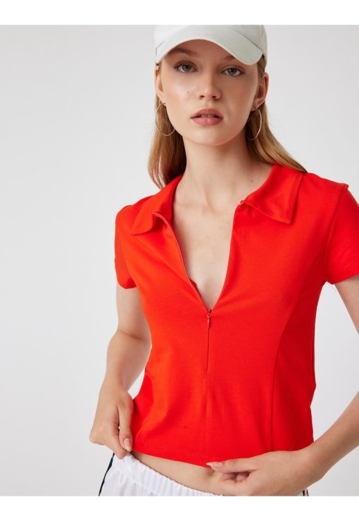 Tricou crop polo cu fermoar-FEMEI/IMBRACAMINTE/Tricouri si maiouri-IMBRACAMINTE/Tricouri si maiouri