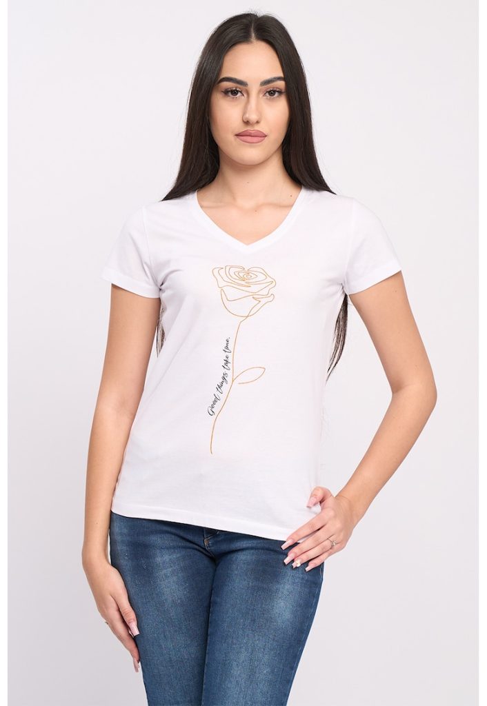 Tricou cu decolteu in V si imprimeu-FEMEI/IMBRACAMINTE/Tricouri si maiouri-IMBRACAMINTE/Tricouri si maiouri