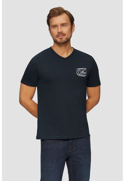 Tricou cu decolteu in V si logo brodat pe piept-BARBATI/IMBRACAMINTE/Tricouri si maiouri-IMBRACAMINTE/Tricouri si maiouri
