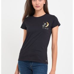 Tricou dama cu detalii imprimeu grafic -  Negru-FEMEI/IMBRACAMINTE/Tricouri si maiouri-IMBRACAMINTE/Tricouri si maiouri