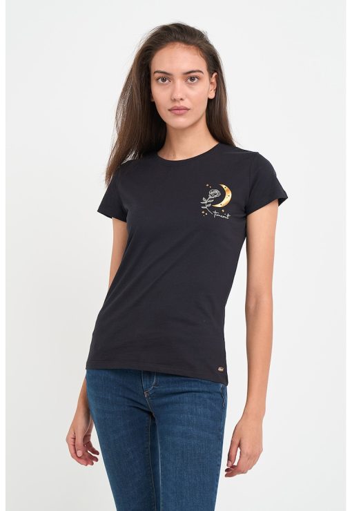 Tricou dama cu detalii imprimeu grafic -  Negru-FEMEI/IMBRACAMINTE/Tricouri si maiouri-IMBRACAMINTE/Tricouri si maiouri