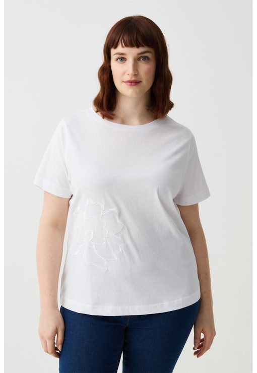 Tricou din bumbac cu decolteu la baza gatului si broderie florala-FEMEI/IMBRACAMINTE/Tricouri si maiouri-IMBRACAMINTE/Tricouri si maiouri