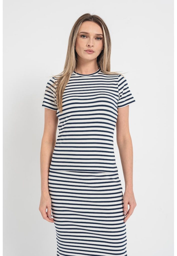 Tricou striat cu decolteu la baza gatului-FEMEI/IMBRACAMINTE/Tricouri si maiouri-IMBRACAMINTE/Tricouri si maiouri