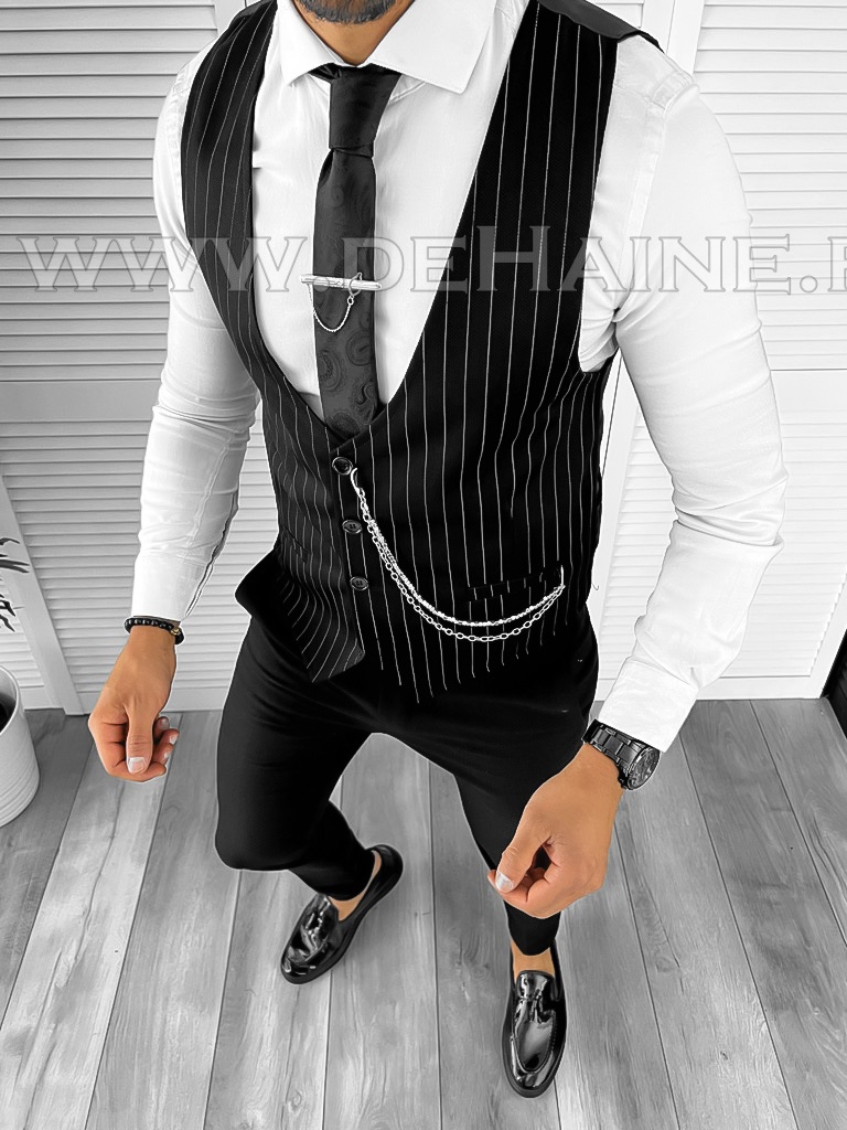 Vesta barbati eleganta slim fit neagra  B8095  3-1-Veste > Veste barbati elegante