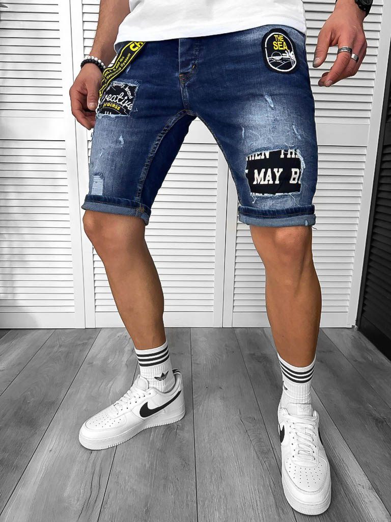 Blugi barbati scurti conici  cu stikere  4069 H3-7-Blugi barbati > Blugi scurti