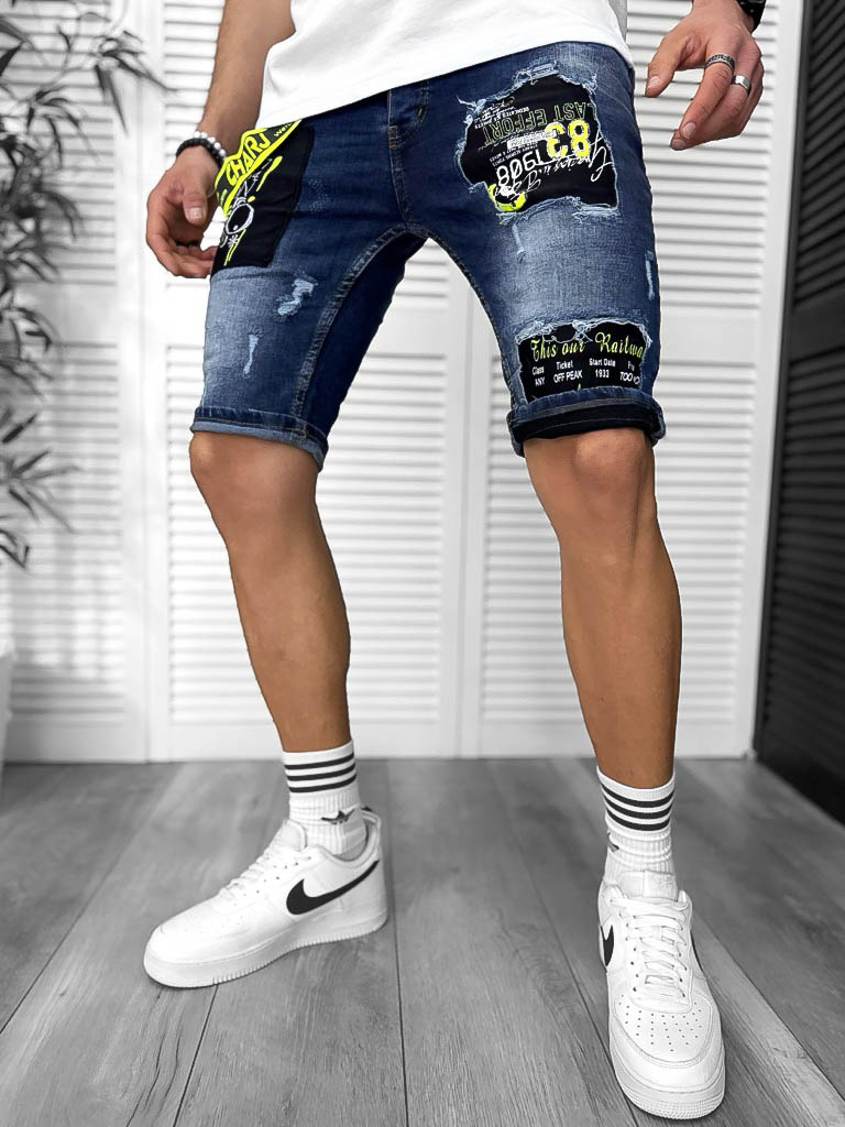 Blugi barbati scurti conici  cu stikere  4611 D3-2.2-Blugi barbati > Blugi scurti