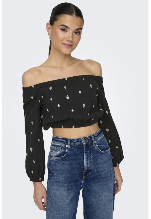 Bluza crop de bumbac organic cu model si decolteu pe umeri-FEMEI/IMBRACAMINTE/Bluze-IMBRACAMINTE/Bluze