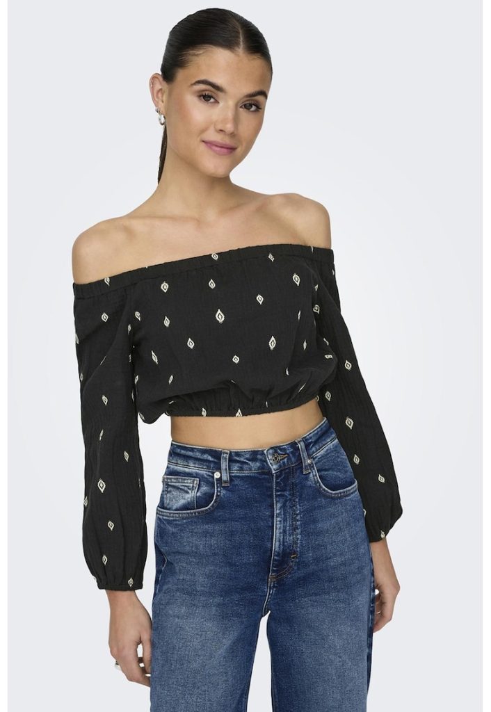 Bluza crop de bumbac organic cu model si decolteu pe umeri-FEMEI/IMBRACAMINTE/Bluze-IMBRACAMINTE/Bluze
