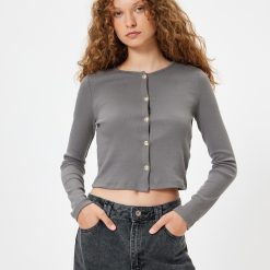 Bluza crop din amestec de bumbac cu nasturi-FEMEI/IMBRACAMINTE/Bluze-IMBRACAMINTE/Bluze