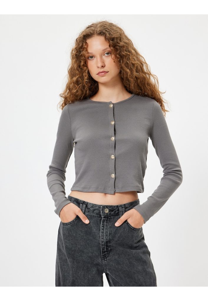 Bluza crop din amestec de bumbac cu nasturi-FEMEI/IMBRACAMINTE/Bluze-IMBRACAMINTE/Bluze