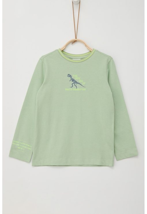 Bluza de bumbac cu decolteu la baza gatului si imprimeu dinozaur-BAIETI/IMBRACAMINTE/Bluze-IMBRACAMINTE/Bluze