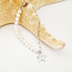 Bratara cu Perle si Diamant natural - Stella Marina - Model combinat cu perle si lantisor zale - Argint 925 Rodiat-Colectii >> Comori Perlate >> Promoții