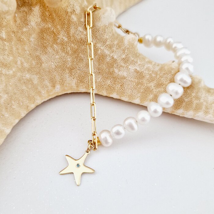 Bratara cu Perle si Diamant natural - Stella Marina - Model combinat cu perle si lantisor zale - Argint 925 placat cu Aur Galben 18K-Colectii >> Comori Perlate >> Promoții