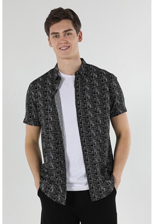 Camasa Barbati Negru Maneca Scurta Regular Fit-BARBATI/IMBRACAMINTE/Camasi-IMBRACAMINTE/Camasi