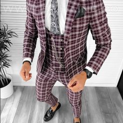 Costum barbati slim fit grena in carouri (SACOU + PANTALONI) 7916  O3-4.3-Costume barbati
