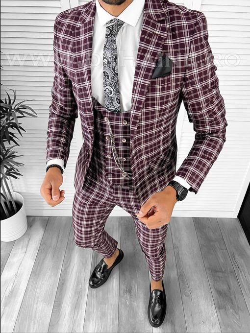Costum barbati slim fit grena in carouri (SACOU + PANTALONI) 7916  O3-4.3-Costume barbati