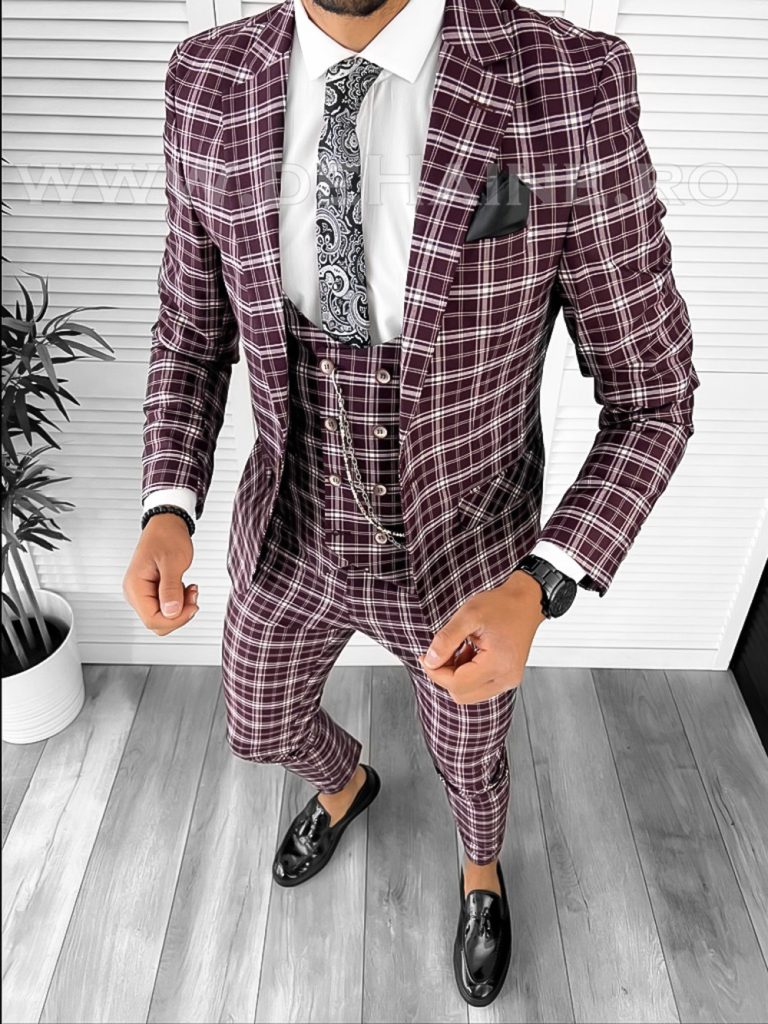Costum barbati slim fit grena in carouri (SACOU + PANTALONI) 7916  O3-4.3-Costume barbati
