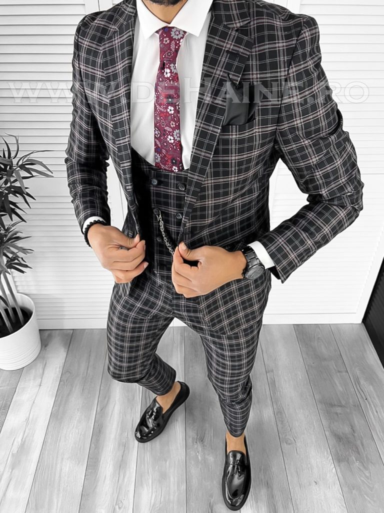 Costum barbati slim fit negru in carouri ( SACOU + PANTALONI ) 7916 N8-4.1-Costume barbati