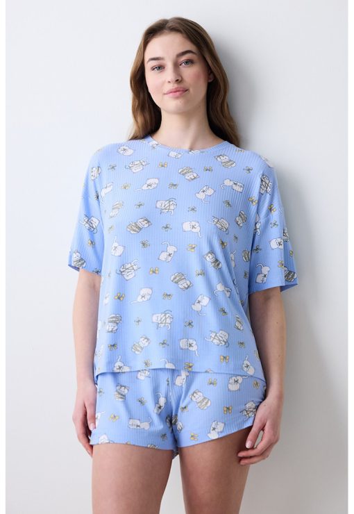 Pantaloni scurti de pijama cu model texturat si imprimeu grafic-FEMEI/IMBRACAMINTE/Pijamale si halate de baie-IMBRACAMINTE/Pijamale si halate de baie