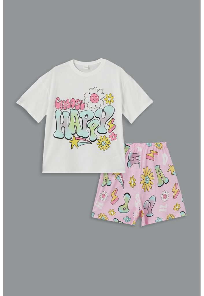Pijama cu pantaloni scurti si model grafic-FETE/IMBRACAMINTE/Pijamale si halate de baie-IMBRACAMINTE/Pijamale si halate de baie