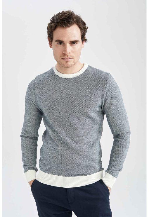 Pulover slim fit cu detalii contrastante - Gri - Alb --BARBATI/IMBRACAMINTE/Pulovere si cardigane-IMBRACAMINTE/Pulovere si cardigane