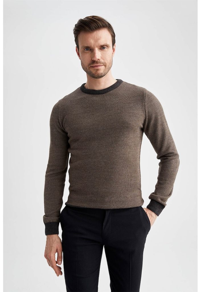 Pulover slim fit cu detalii contrastante - Kaki - Gri antracit --BARBATI/IMBRACAMINTE/Pulovere si cardigane-IMBRACAMINTE/Pulovere si cardigane