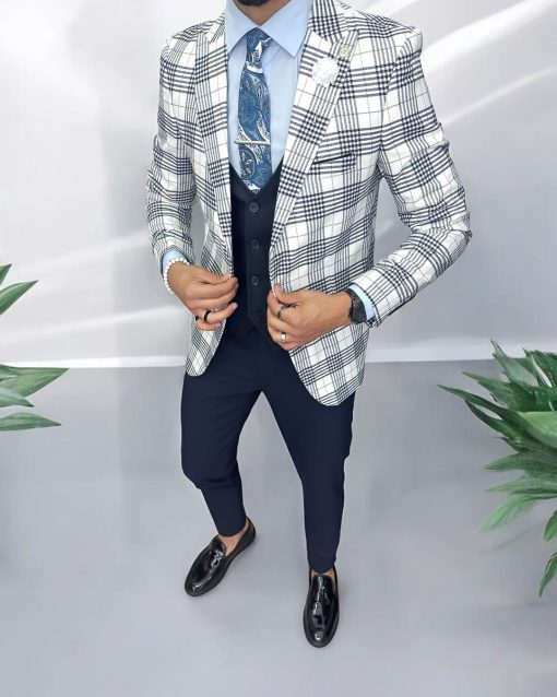 Sacou barbati slim fit alb in carouri  715-Sacouri barbati