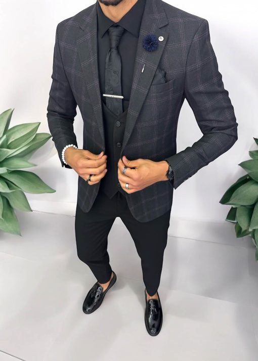 Sacou barbati slim fit gri in carouri 757-Sacouri barbati