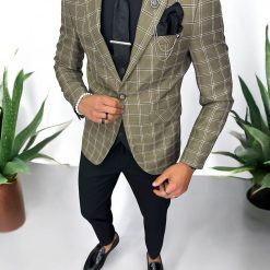 Sacou barbati slim fit kaki in carouri 875 22A-1-Sacouri barbati