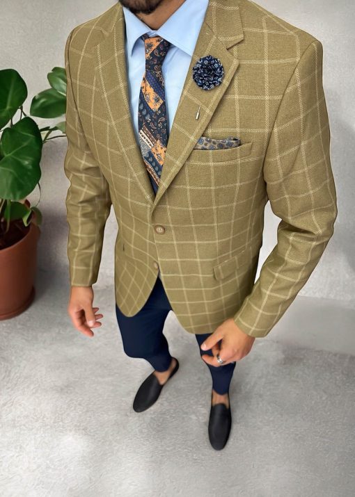 Sacou barbati slim fit   maro in carouri 3259-Sacouri barbati