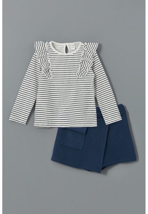 Set de bluza cu dungi si volane si fusta-pantalon uni - 2 piese-FETE/IMBRACAMINTE/Seturi de imbracaminte-IMBRACAMINTE/Seturi de imbracaminte