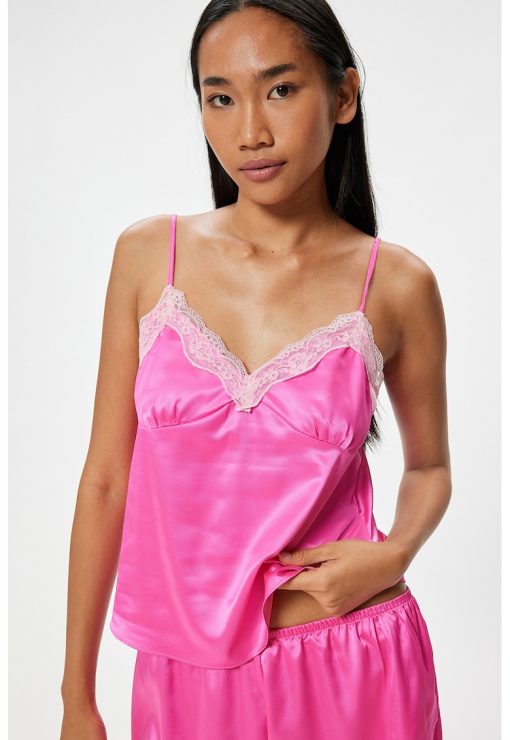 Top de pijama din satin cu garnituri din dantela-FEMEI/IMBRACAMINTE/Pijamale si halate de baie-IMBRACAMINTE/Pijamale si halate de baie
