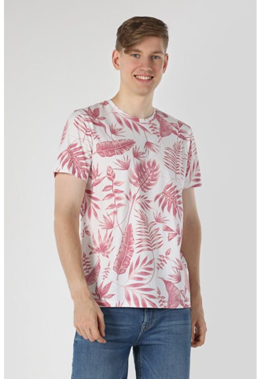 Tricou Cu Maneca Scurta De Barbati Alb Regular Fit leaves-BARBATI/IMBRACAMINTE/Tricouri si maiouri-IMBRACAMINTE/Tricouri si maiouri