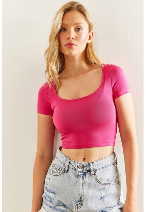 Tricou crop cu decolteu rotund-FEMEI/IMBRACAMINTE/Tricouri si maiouri-IMBRACAMINTE/Tricouri si maiouri