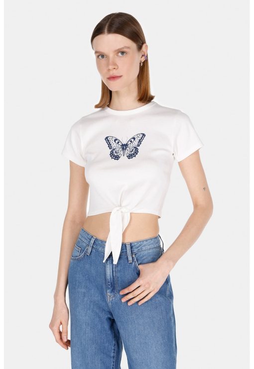 Tricou crop cu imprimeu grafic pe partea din fata-FEMEI/IMBRACAMINTE/Tricouri si maiouri-IMBRACAMINTE/Tricouri si maiouri