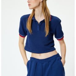 Tricou crop polo cu model texturat-FEMEI/IMBRACAMINTE/Tricouri si maiouri-IMBRACAMINTE/Tricouri si maiouri